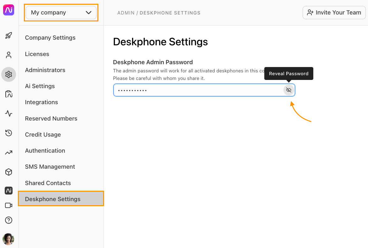 Deskphone settings page showing password field and reveal password option.