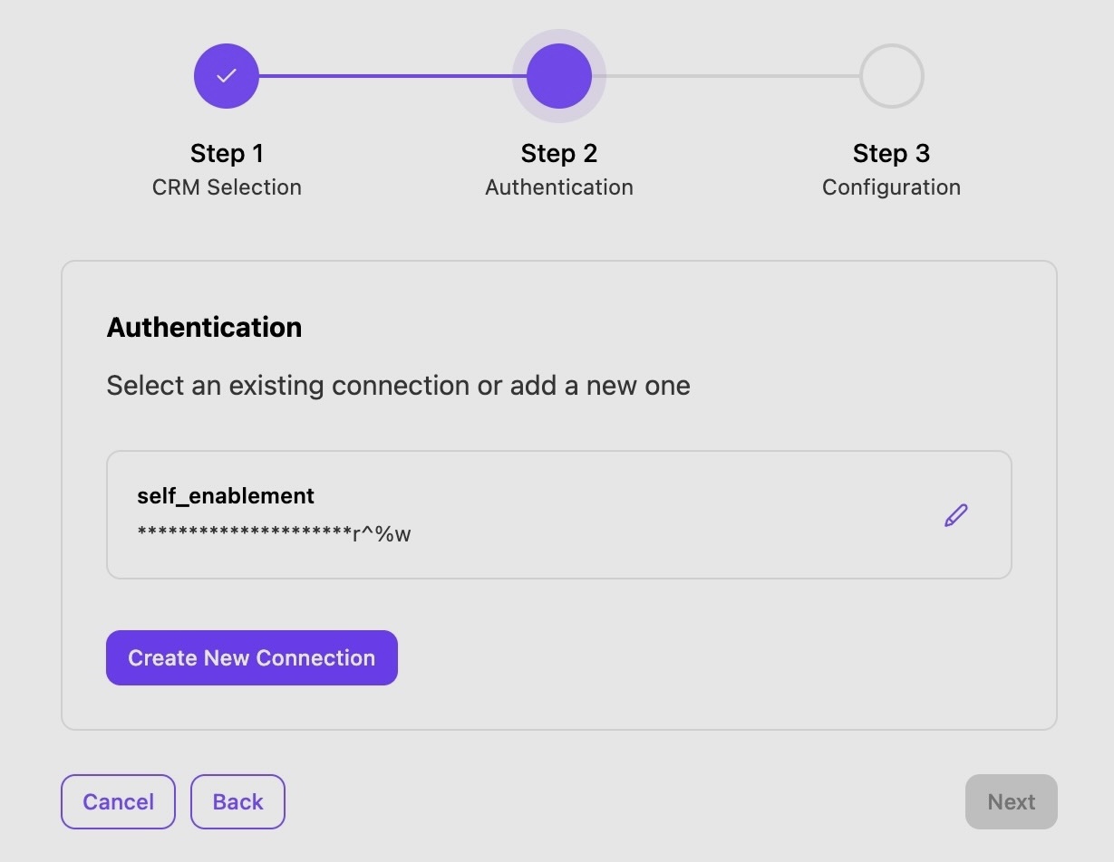 Authentication step for creating a new connection in a CRM system interface.