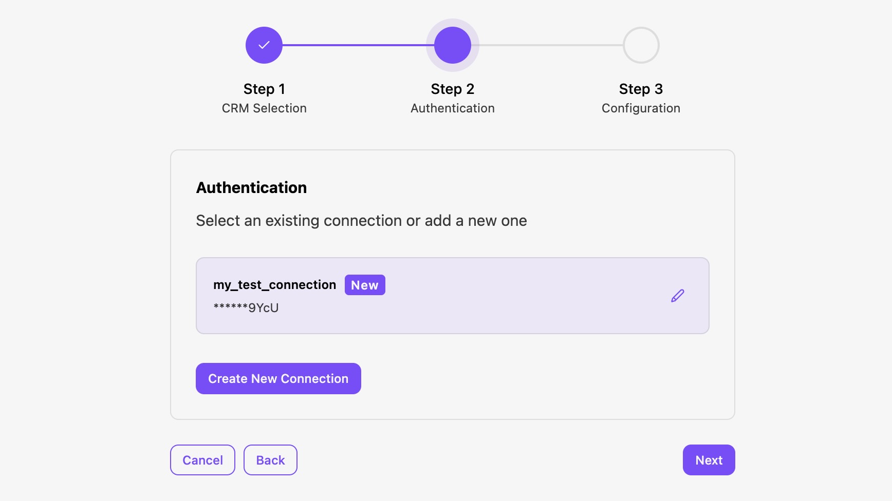 Authentication step for CRM connection setup with options to create or select connections.
