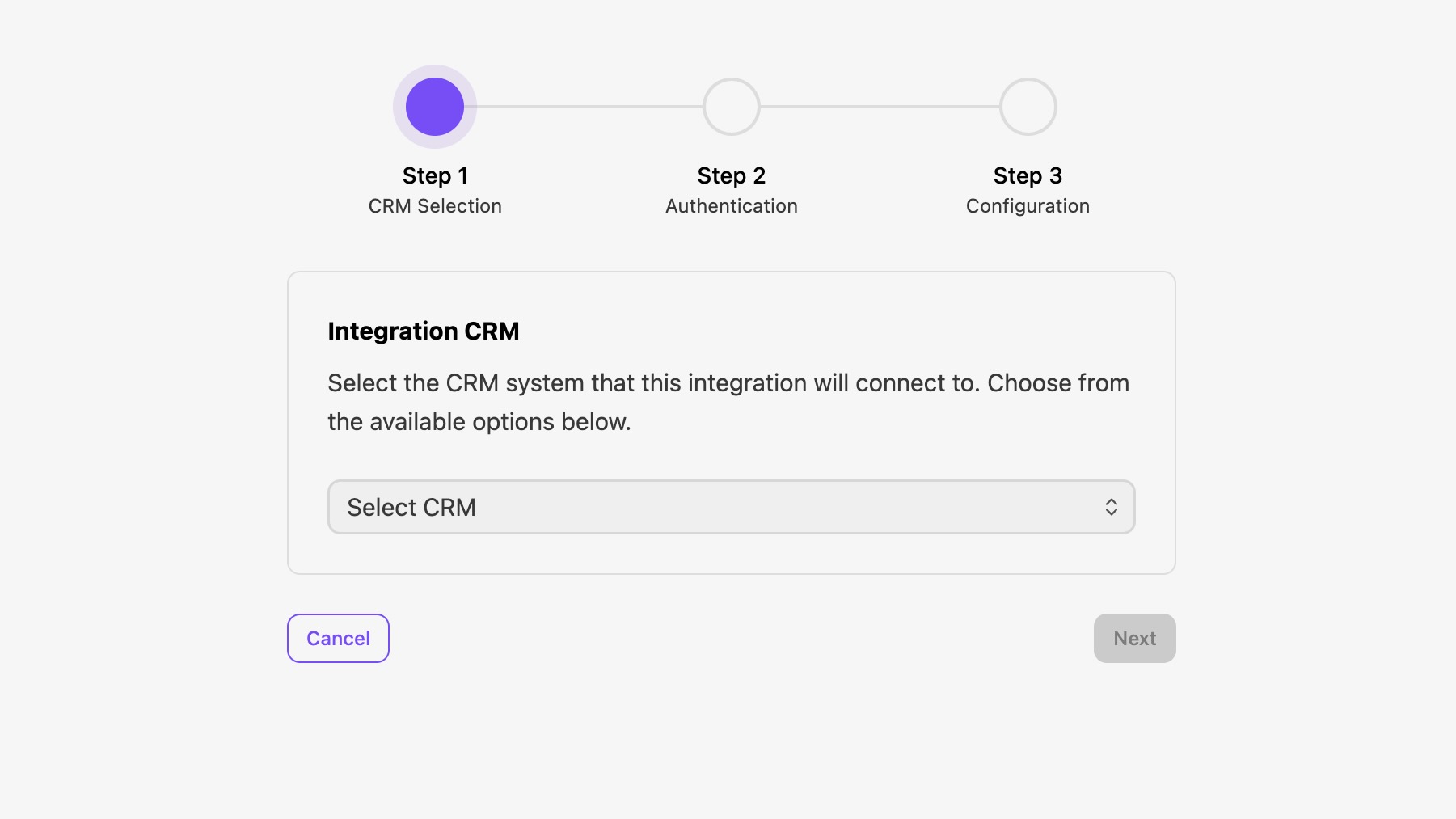 Step 1 of CRM integration process, highlighting CRM selection options for users.