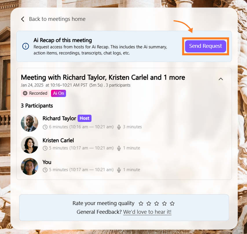 Meeting details with participants, recording status, and request for AI recap highlighted.