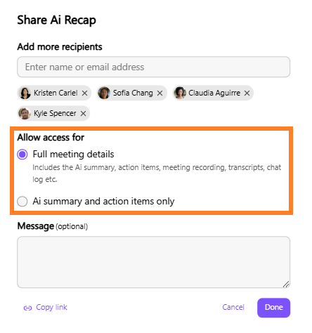 Options for sharing AI recap with full meeting details or summary only.