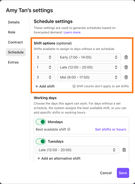 Schedule settings for Amy Tan, including shift options and working days selection.