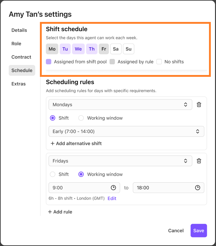 Settings for Amy Tan's shift schedule, including selected days and time slots.