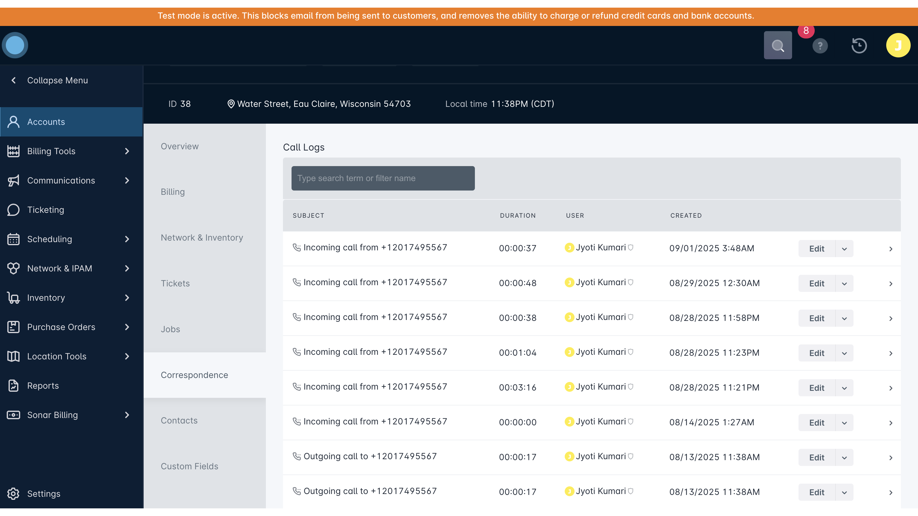 Call logs showing incoming and outgoing calls with user details and timestamps.