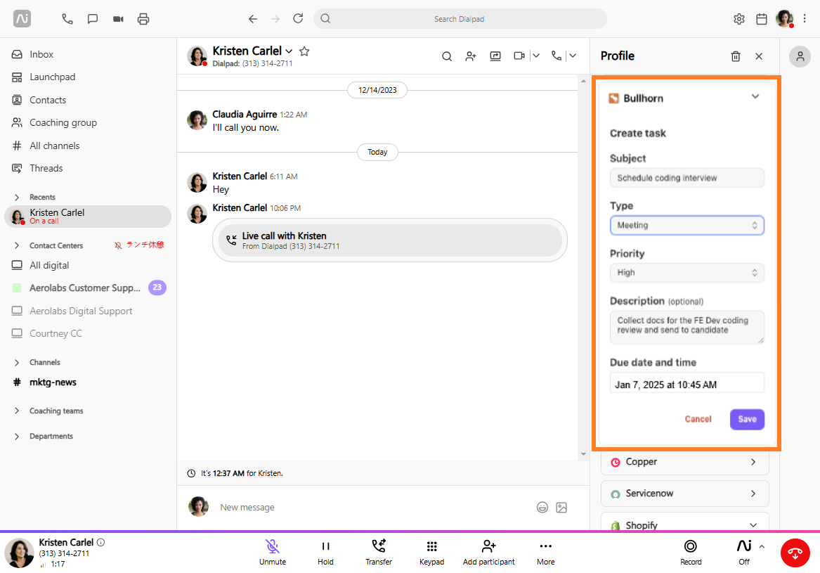 Profile interface showing a live call and task creation for a coding interview.