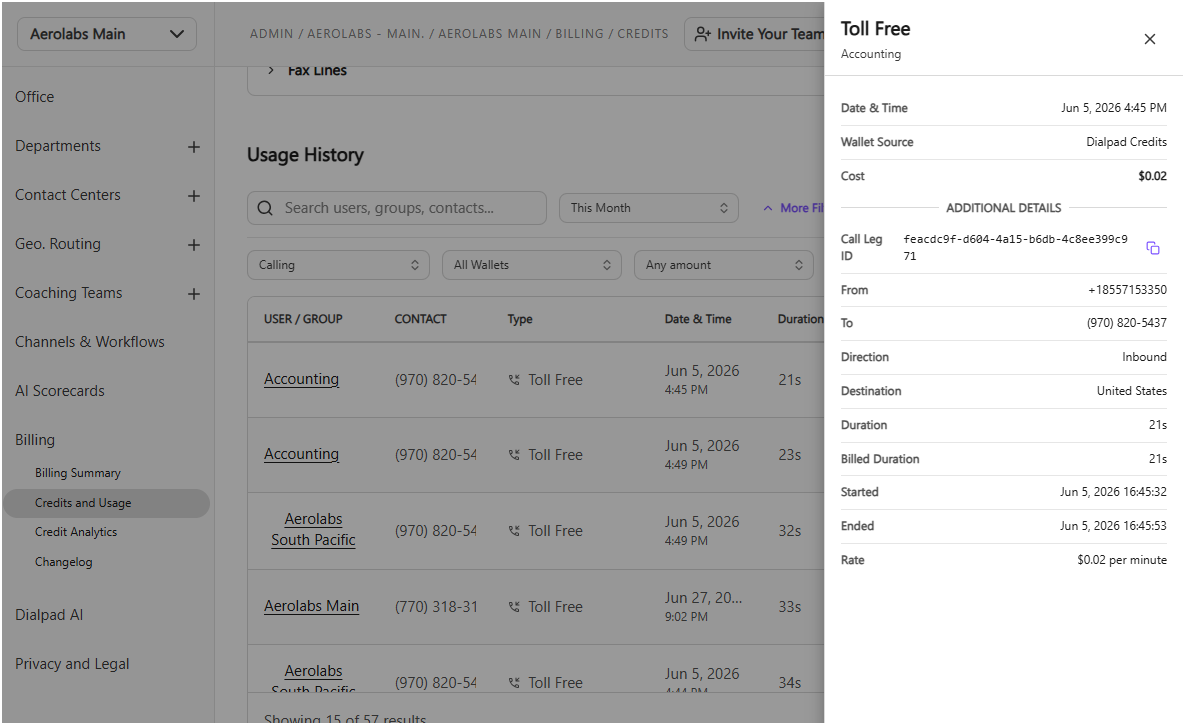 Usage history showing toll-free calls with details like duration and cost.