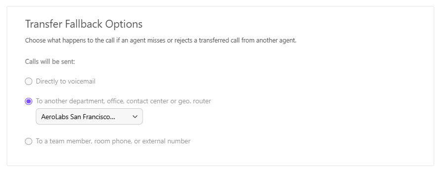 Options for transferring calls, including departments and voicemail settings.