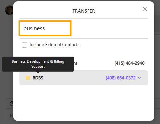 Transfer interface showing business contact options and support details for BDBS.