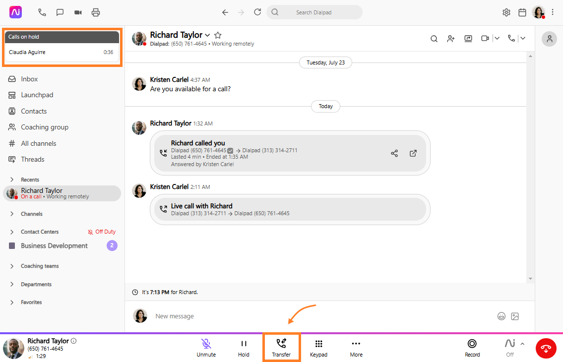 Call interface showing calls on hold and options to transfer or mute calls.