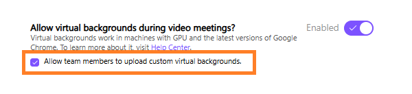 Settings for allowing team members to upload custom virtual backgrounds during video meetings.