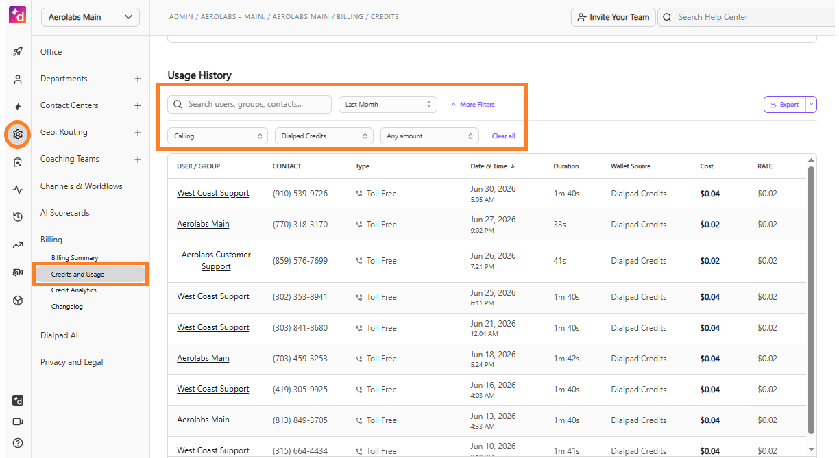 Usage history table displaying call details and filters for Dialpad credits.