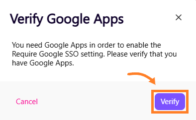 Prompt to verify Google Apps for enabling SSO settings with a verify button.