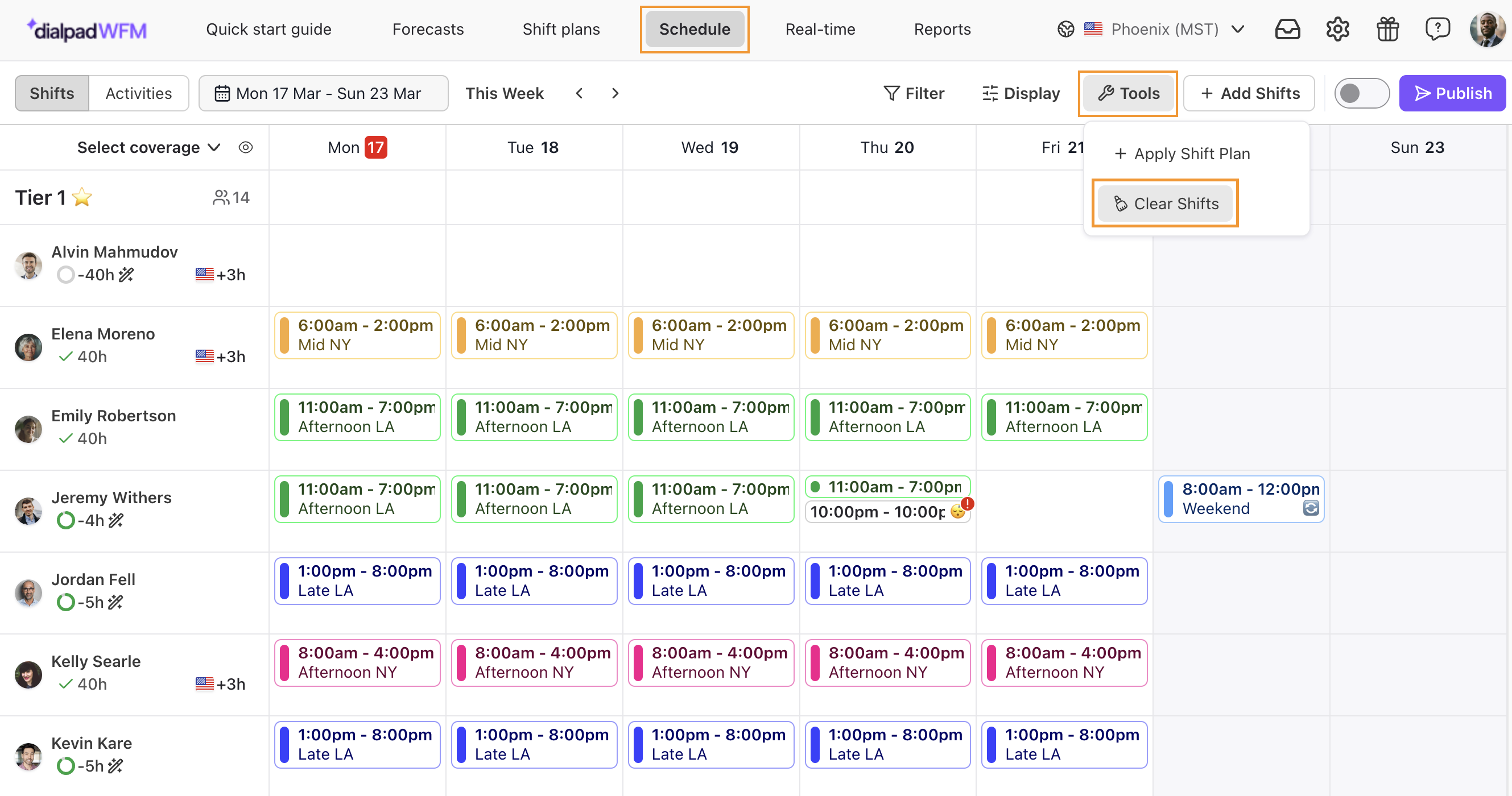 Weekly schedule displaying shifts for various employees across different time slots.