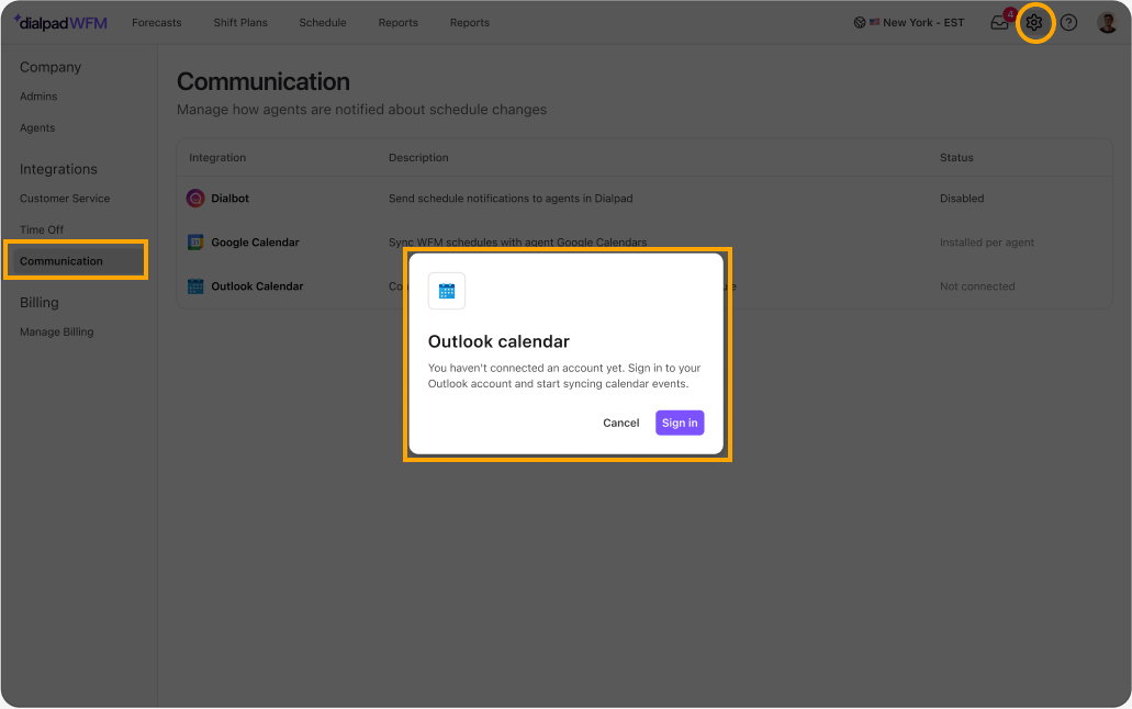 Outlook calendar integration prompt for connecting accounts in Dialpad WFM application.