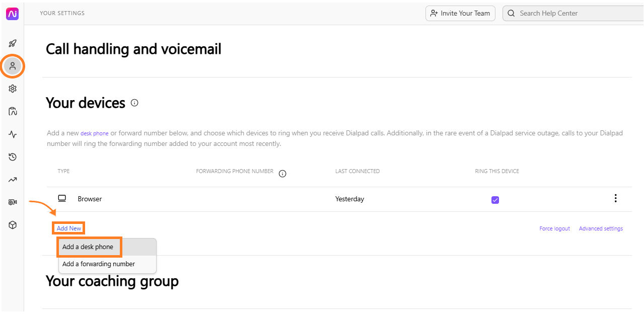 Settings page showing options to add devices and manage call handling features.