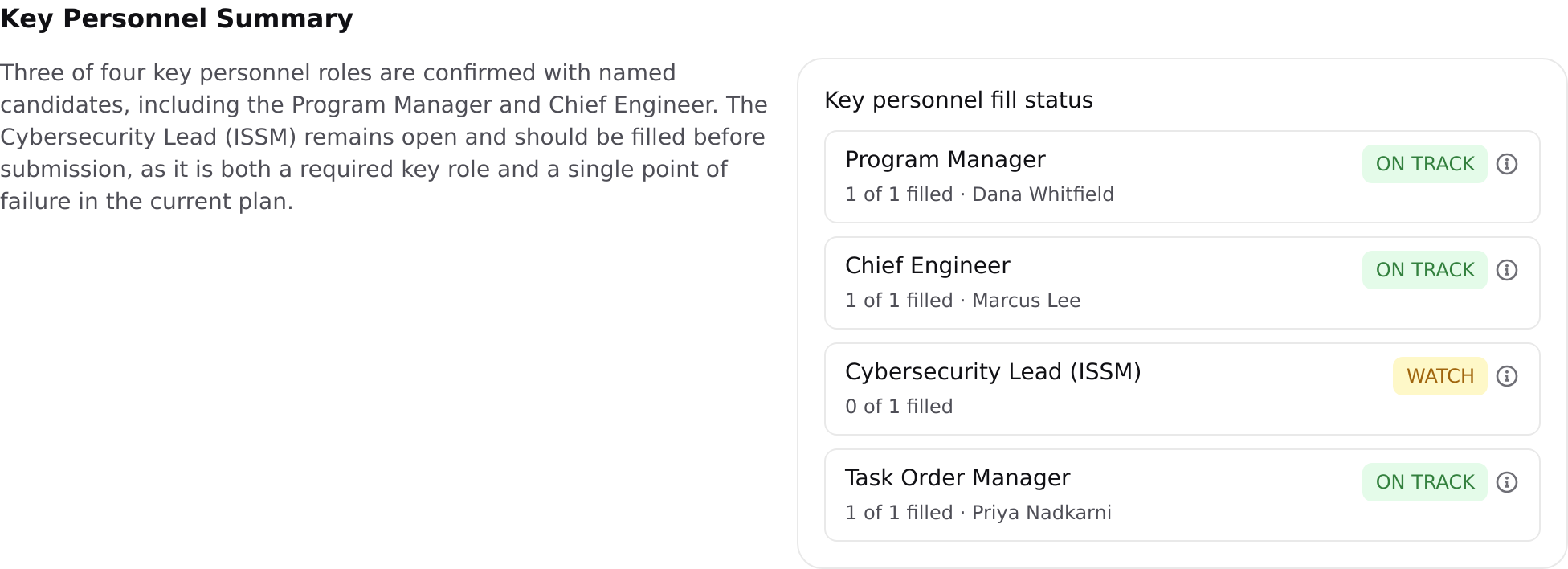 Key Personnel Summary narrative section with key personnel fill status