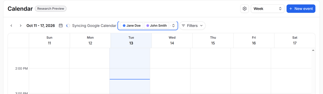 Calendar Week view with two teammates selected in Schedule with and their events shown next to yours