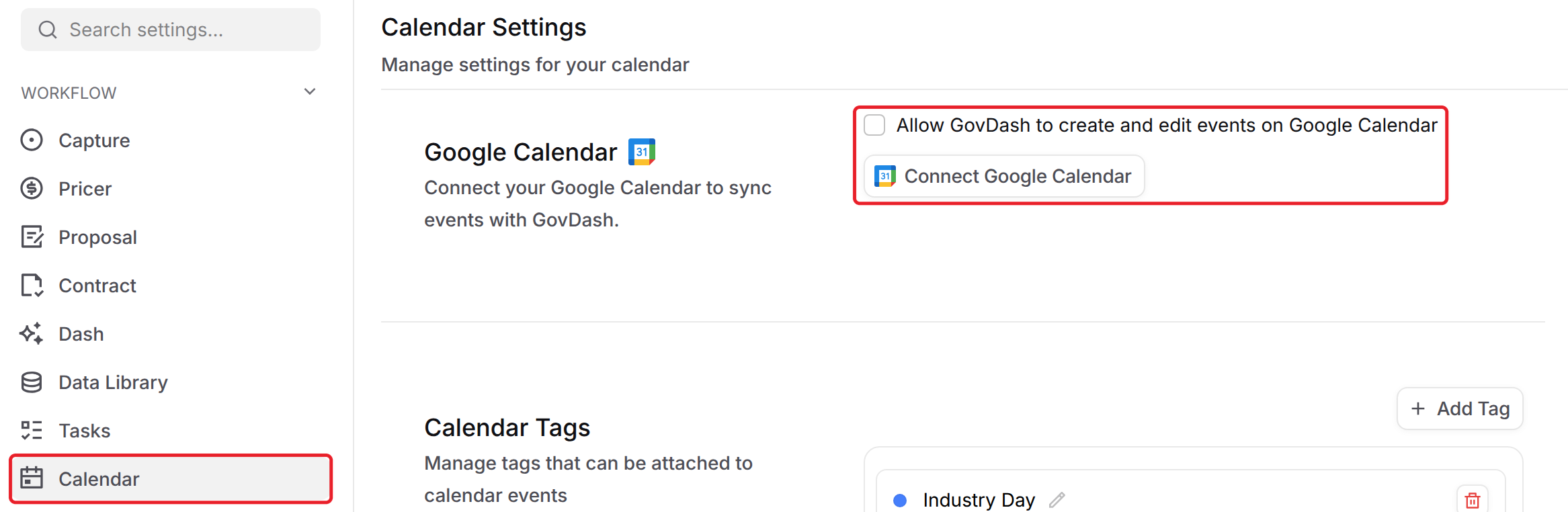 Calendar Settings page with the Calendar menu item and the Google Calendar connect option highlighted