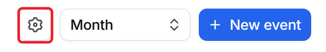 Calendar toolbar with the settings icon highlighted next to the Month view selector and New event button