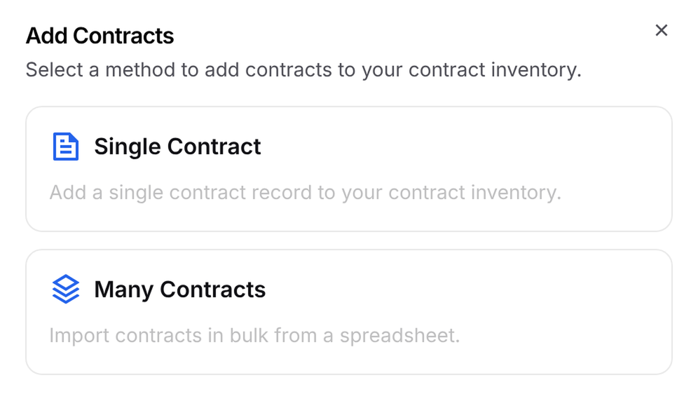 Add Contracts window with Single Contract and Many Contracts