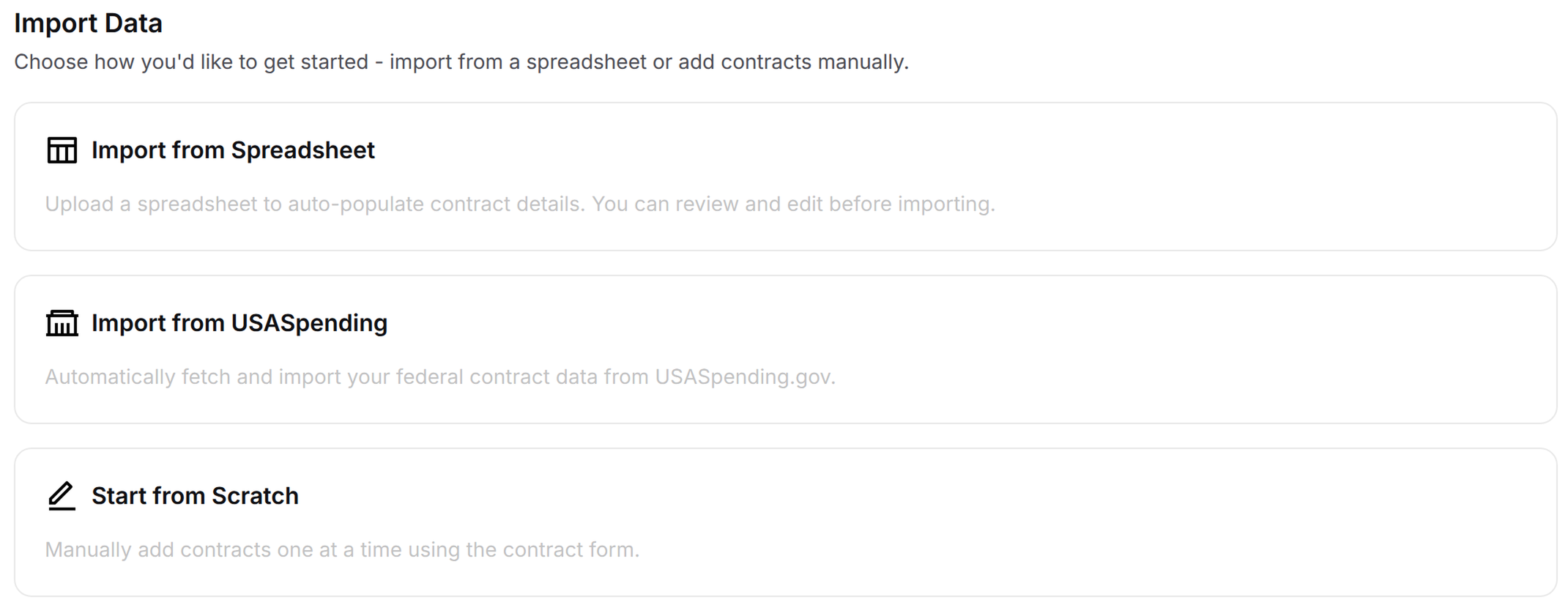 Import Data step with Import from Spreadsheet, Import from USASpending and Start from Scratch