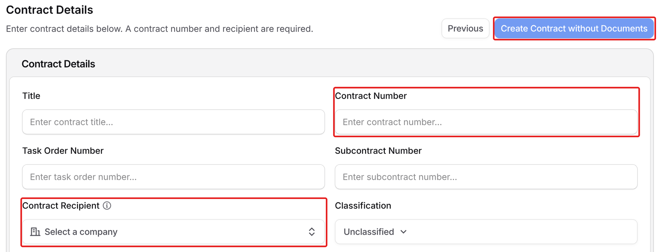 Contract Details step with Contract Number, Contract Recipient and Create Contract without Documents