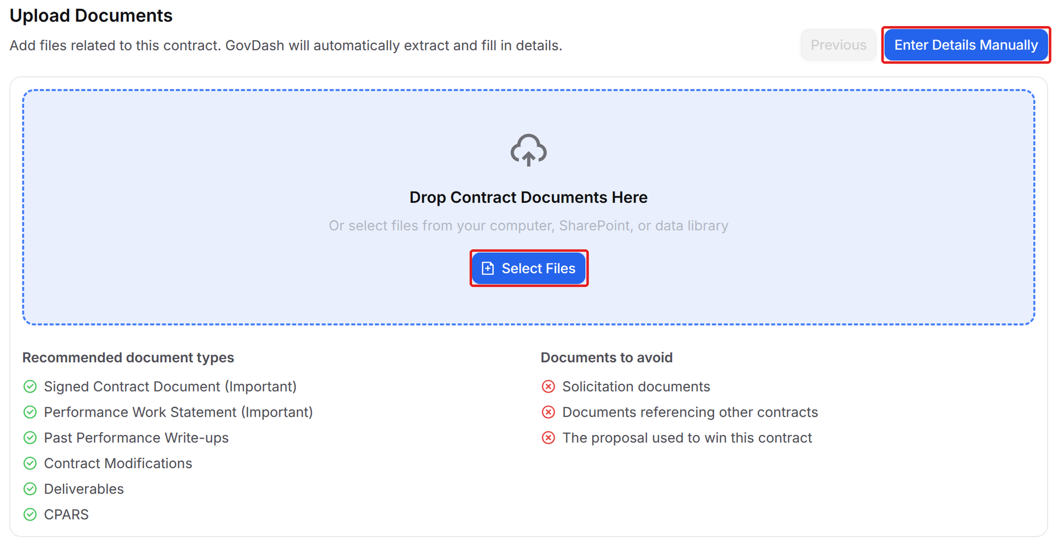 Create Contract page with Select Files and Enter Details Manually