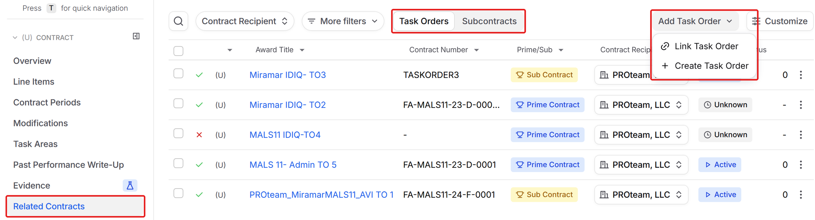 Related Contracts with the Task Orders and Subcontracts tabs and the Add Task Order menu