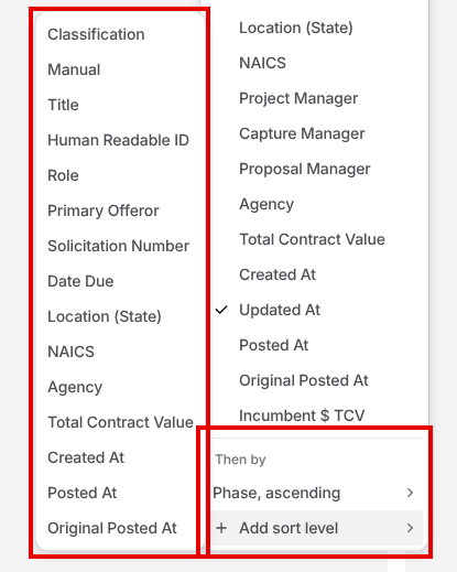 Sorted by menu with a Then by sort level and the Add sort level field list open