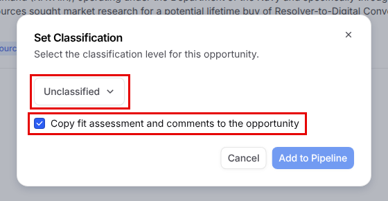Set Classification dialog with the Copy fit assessment and comments to the opportunity checkbox checked