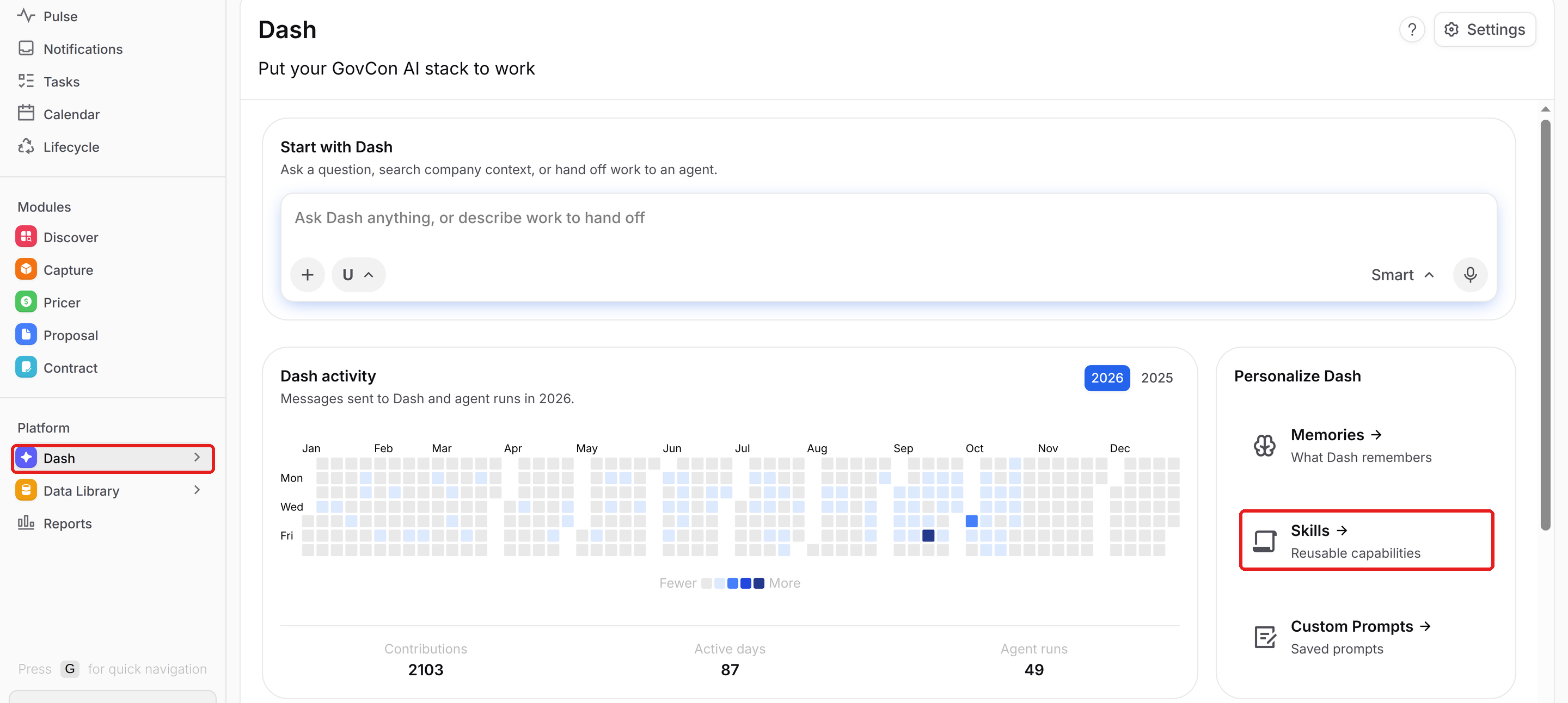 Dash page with Skills under Personalize Dash