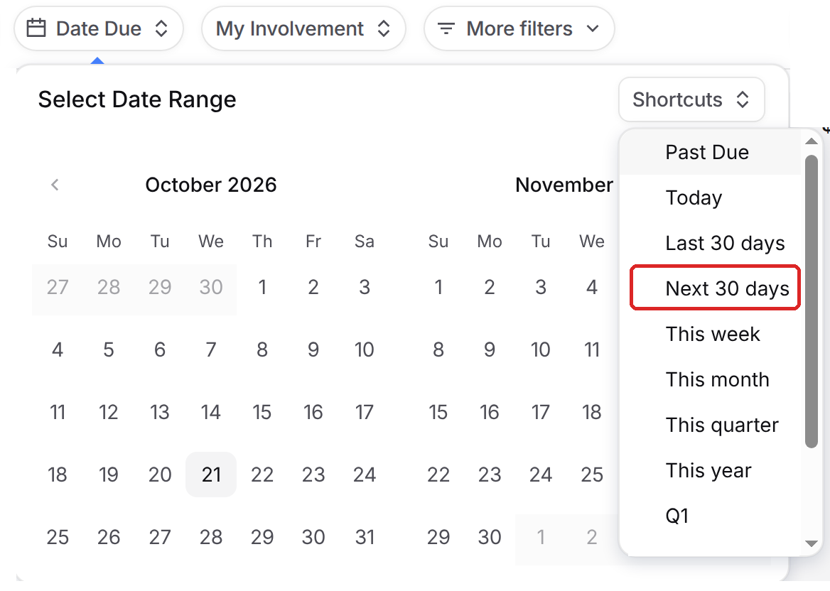 Date Due picker with the Shortcuts menu open