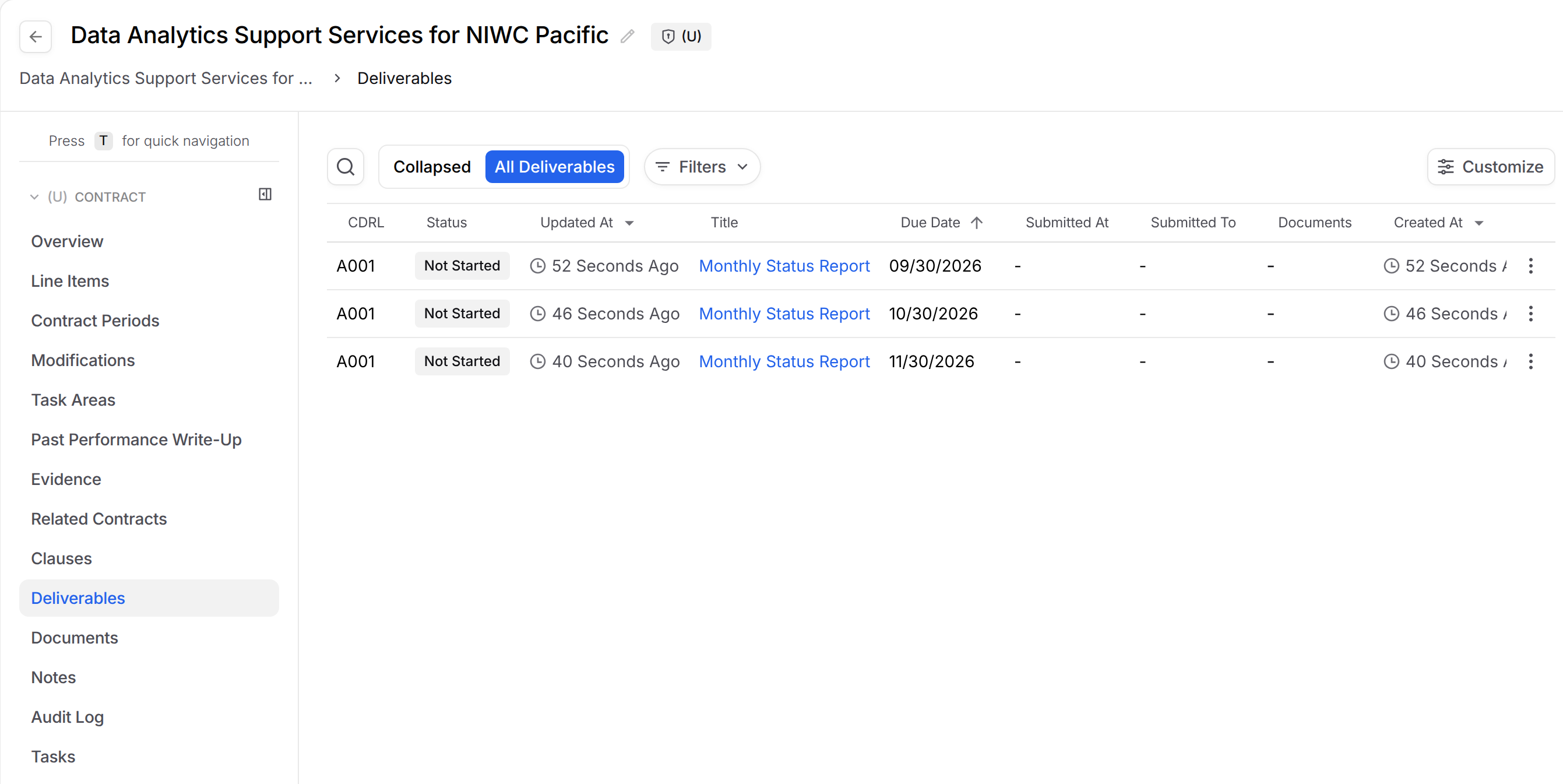 Deliverables page on a contract in the All Deliverables view