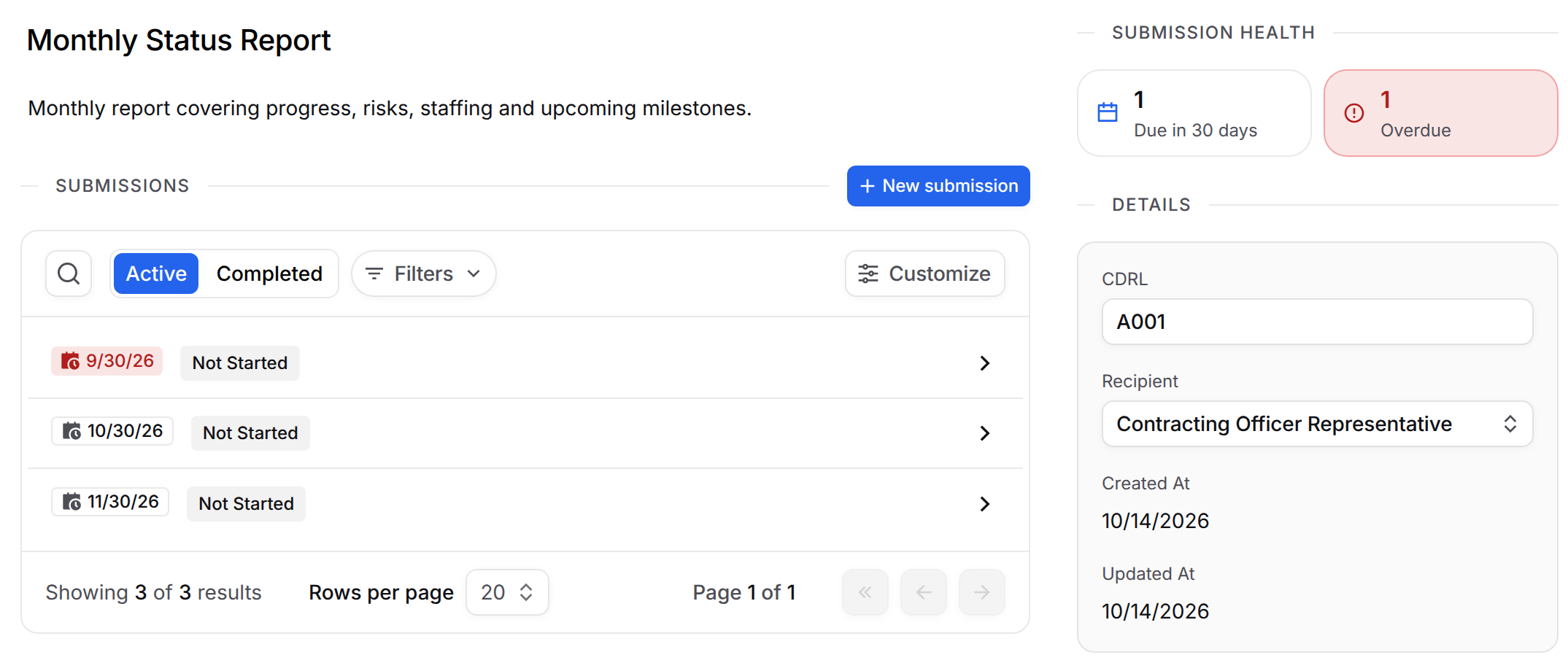 Deliverable requirement page with submissions and Submission health