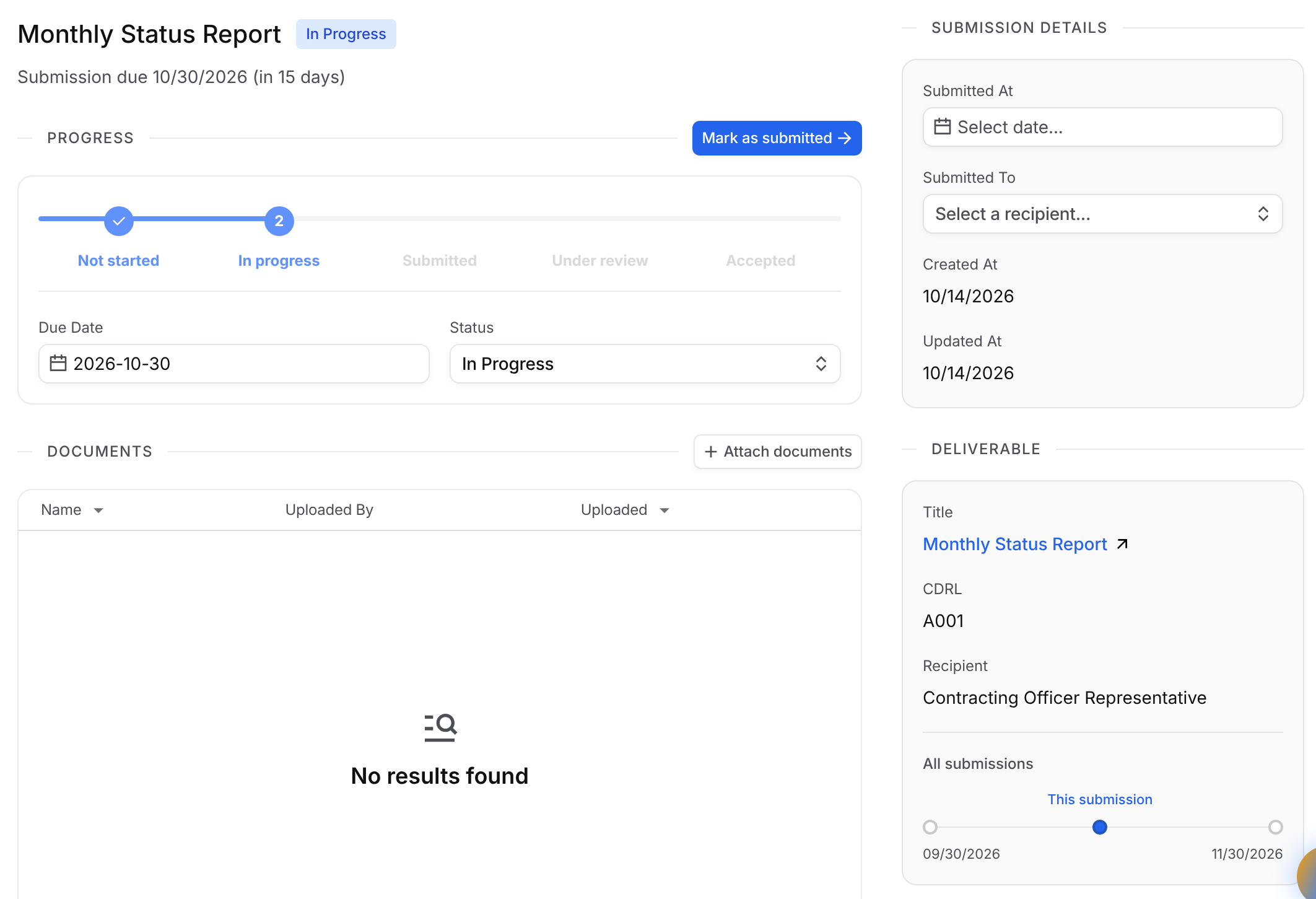 Submission page showing Progress, Documents and Submission details