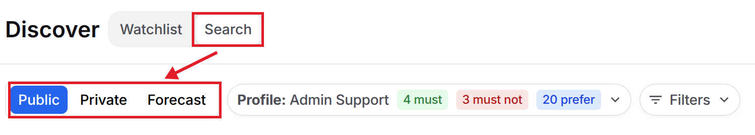 Search tab selected, with the Public, Private, and Forecast options below it
