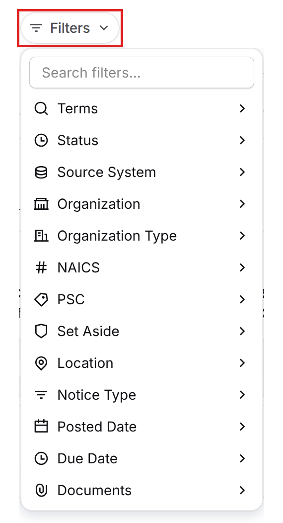 Filters button and the list of available filters