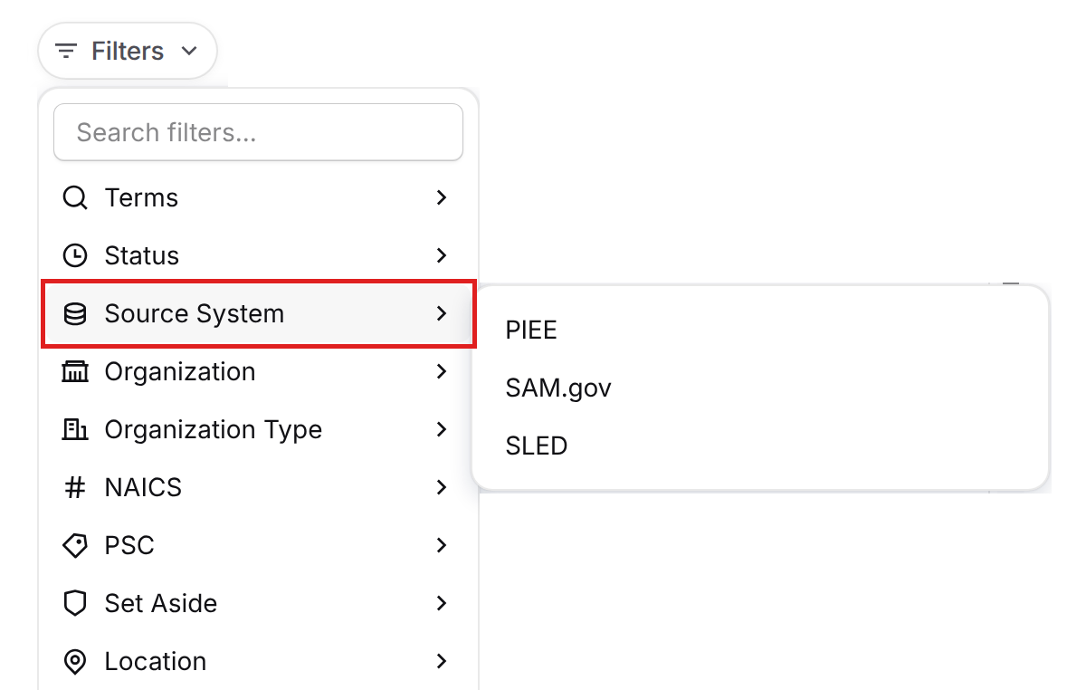 Source System filter open, showing PIEE, SAM.gov, and SLED