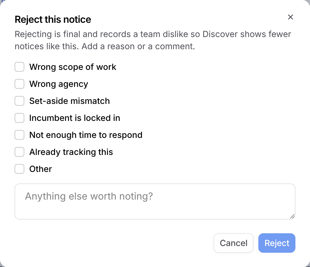 Reject this notice dialog with rejection reasons and a comment box