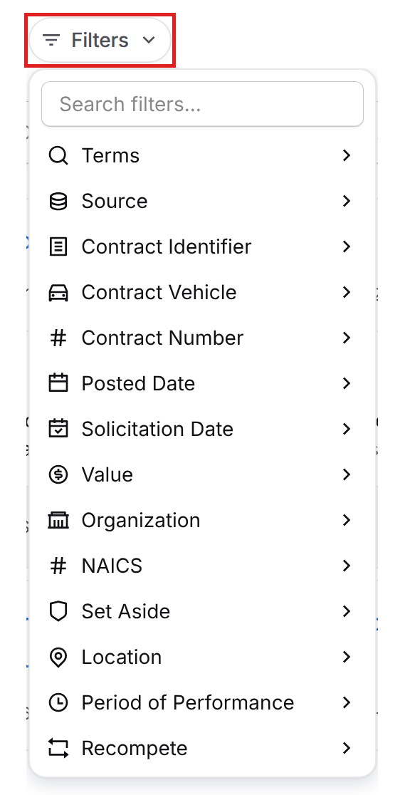 Forecast Filters menu