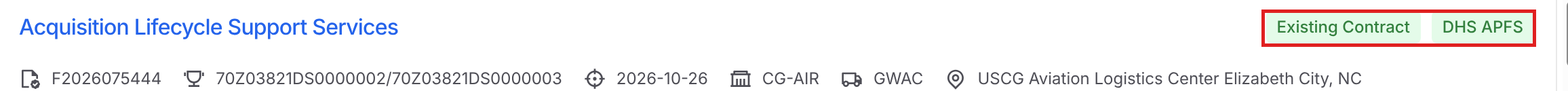 Forecast card with the Existing Contract and DHS APFS tags