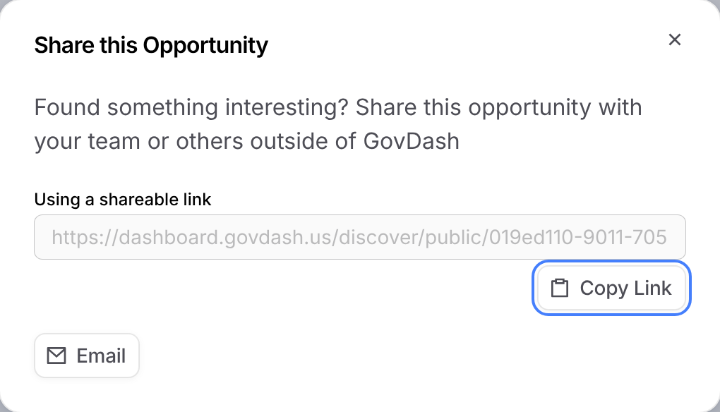 Share this Opportunity dialog with Copy Link and Email