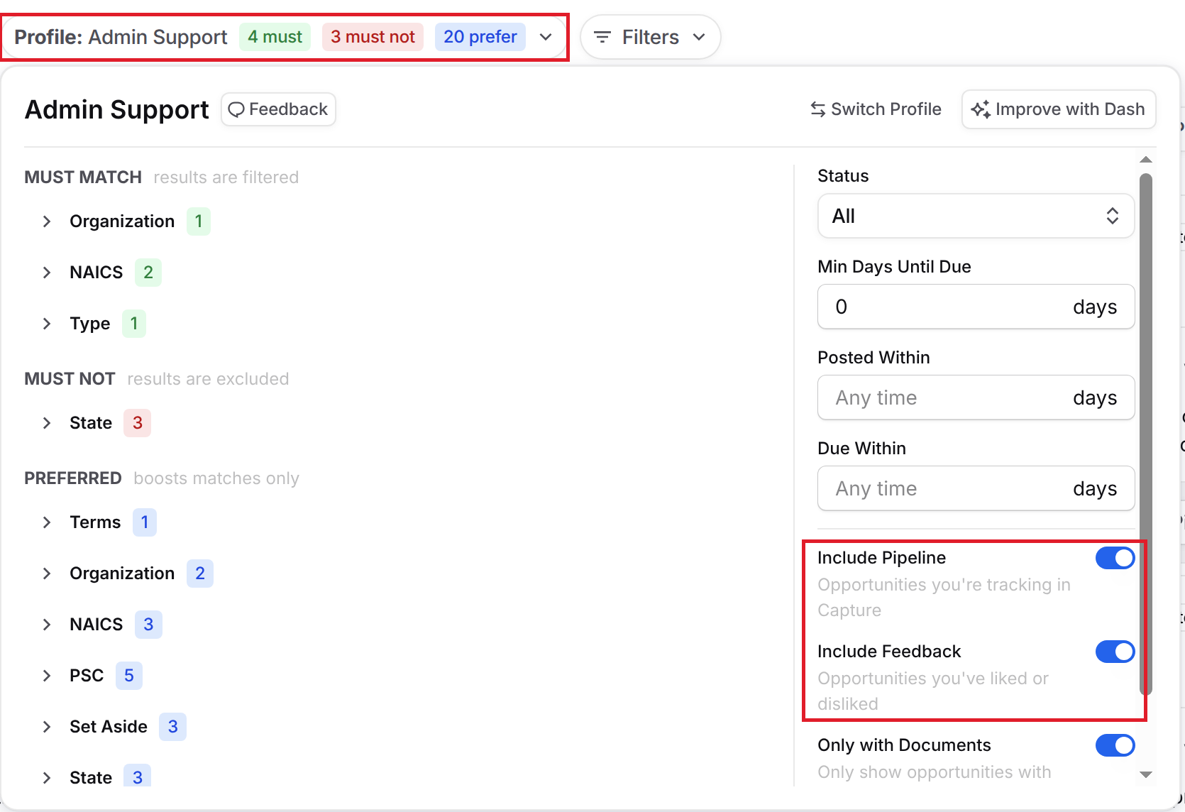 Profile panel with the Include Pipeline and Include Feedback toggles