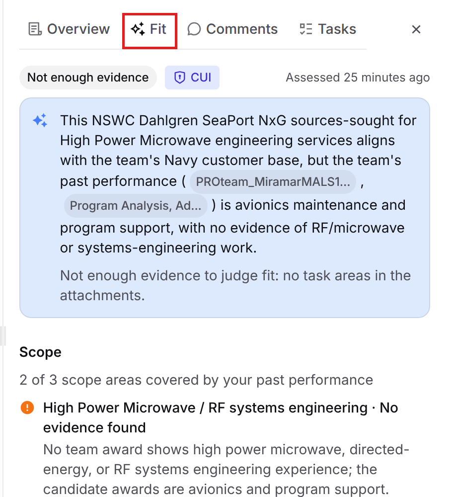 Fit tab showing Dash’s fit assessment