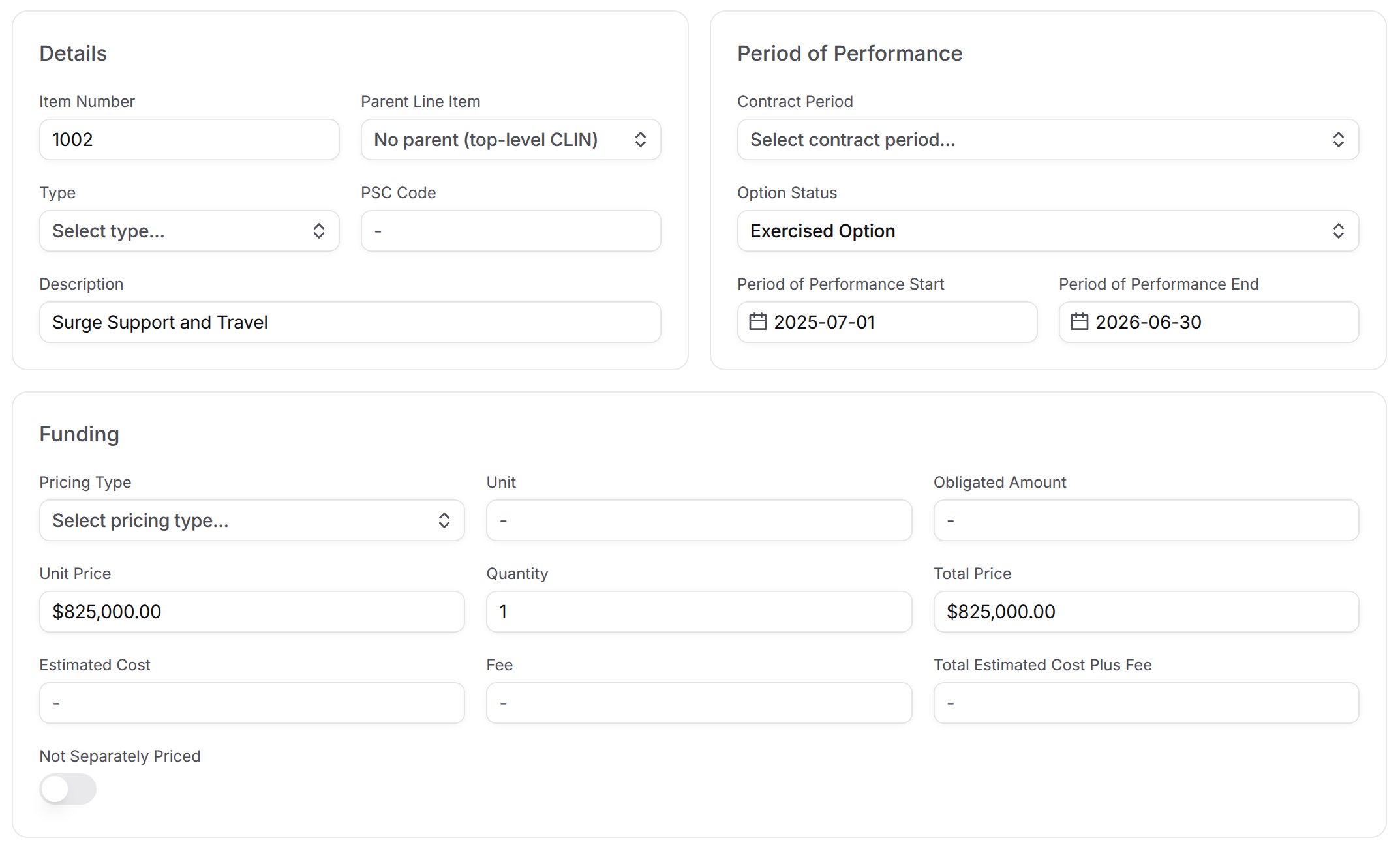 Line item page with Details, Period of Performance, and Funding