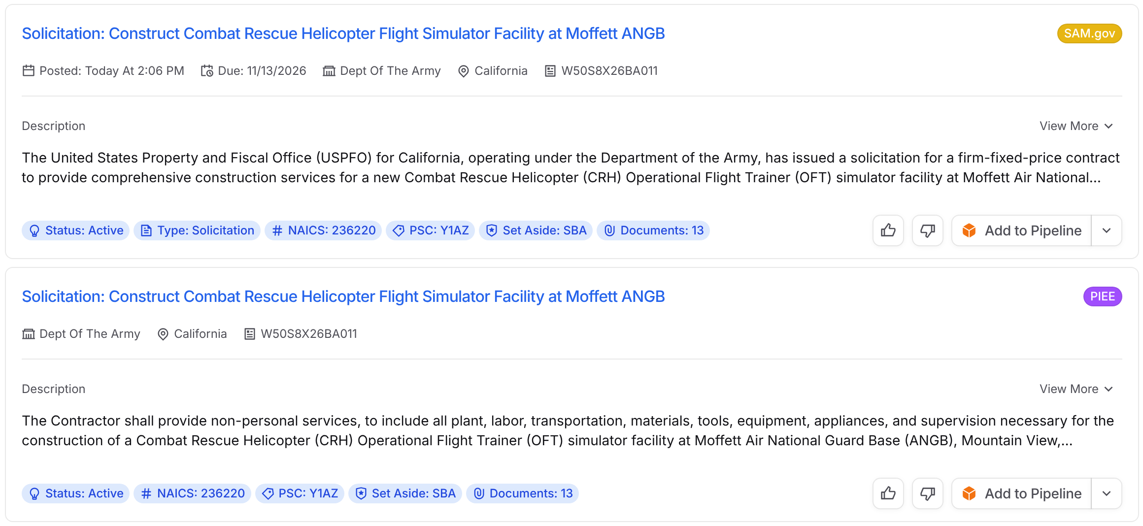 The same opportunity listed twice in Discover search, once with a SAM.gov tag and once with a PIEE tag