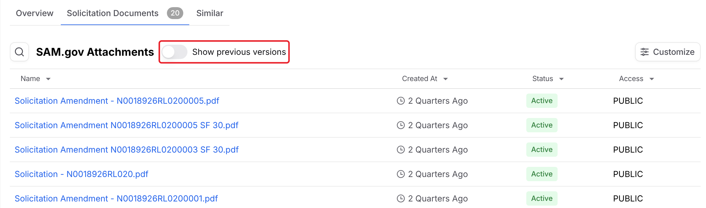 Solicitation Documents tab with the Show previous versions toggle