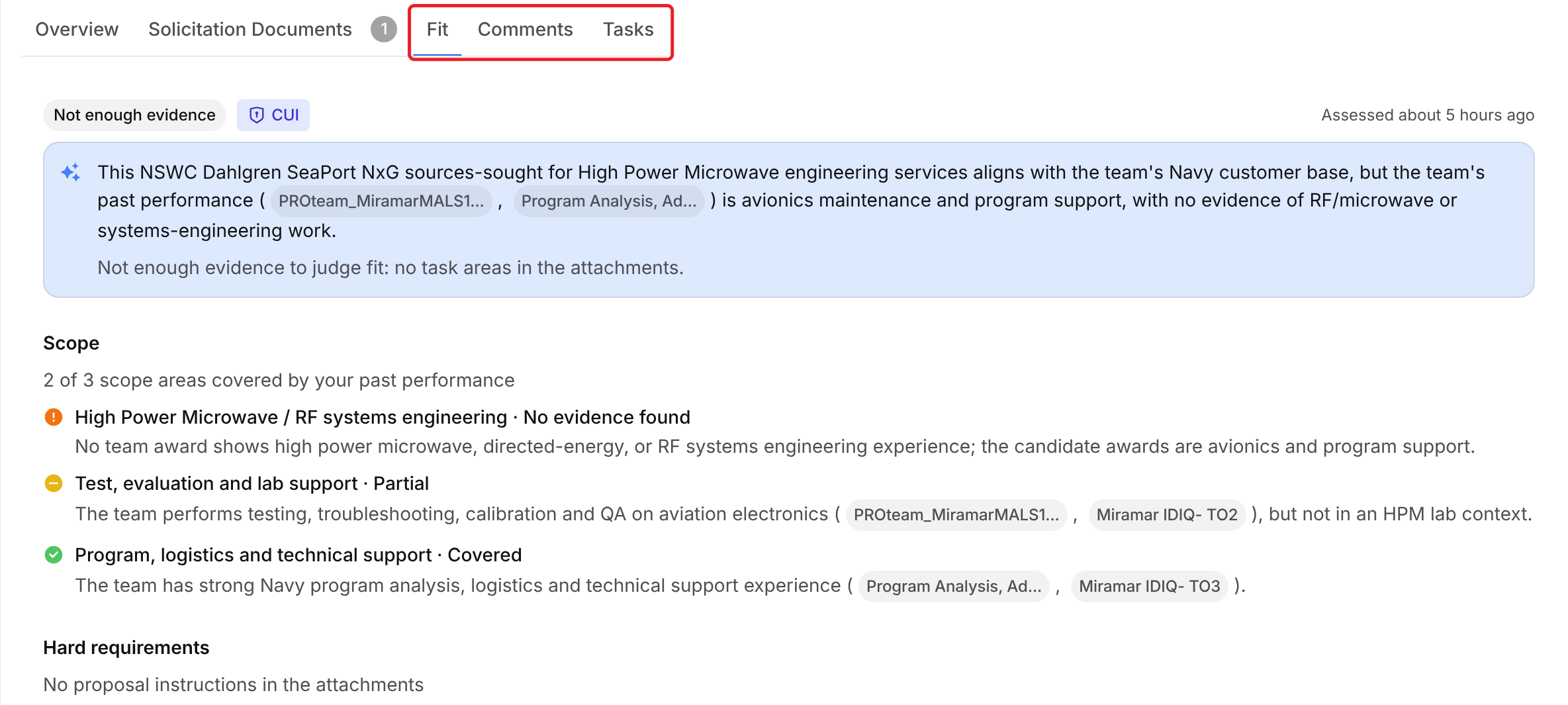 Fit, Comments and Tasks tabs on a Watchlist opportunity