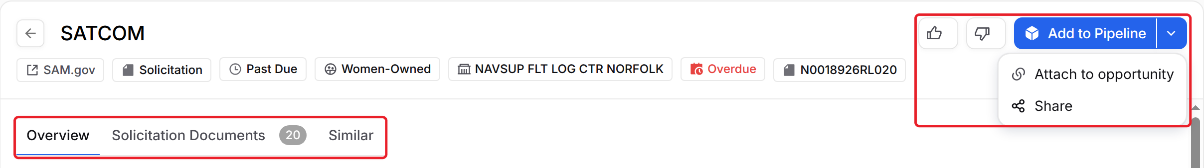 Like, Dislike, Add to Pipeline with its Attach to opportunity and Share options, and the page tabs